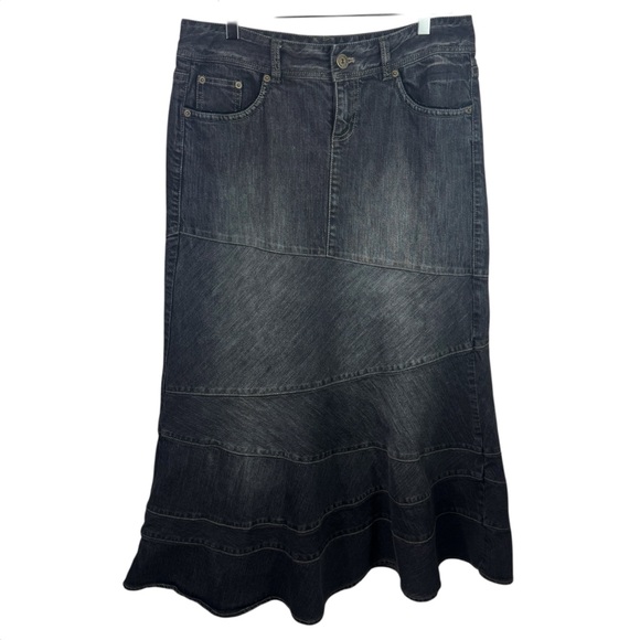 Dkny Dresses & Skirts - DKNY Y2K Denim Maxi Skirt Paneled Zig Zag Ruffle Mermaid Flare Boho Women's 12